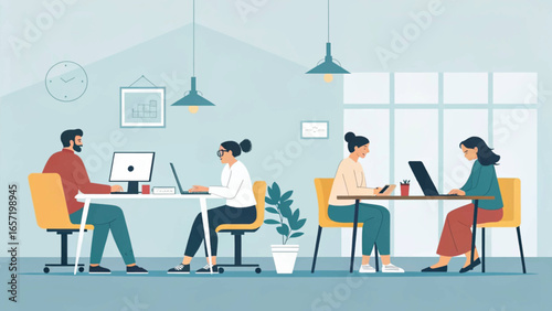 Diverse professionals focused on their tasks in a modern co-working office. Represents productivity, teamwork, and a contemporary business environment.