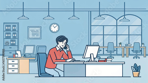 A smiling person works in a modern open-plan office, managing tasks on a computer while on a phone call. Represents business communication, productivity, and contemporary workspace.