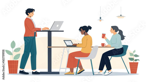 Diverse team collaborating in a modern coworking space. Illustrates productivity, flexible work, and business lifestyle.
