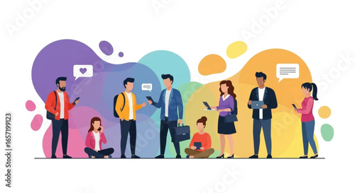 Diverse group of people interacting with smartphones and laptops, symbolizing digital communication, social networking, and global connectivity in a modern lifestyle.