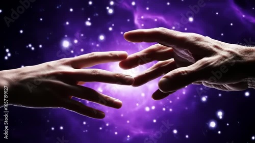 Two hands reach towards a bright purple energy field against a dark, starry background