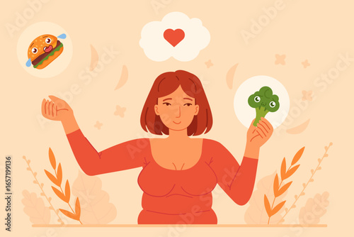 Smiling woman choosing between healthy broccoli and fast food burger with heart symbol above her head. Healthy lifestyle choice concept. Stock vector illustration in cartoon style.