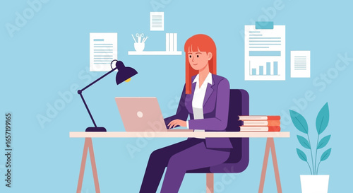 Professional woman working efficiently on laptop in a modern office, symbolizing productivity, remote work, or business focus.