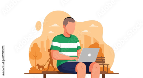Man works on laptop in a city park, embracing remote work and urban lifestyle. Perfect for modern business, freelancing, and digital nomad concepts.