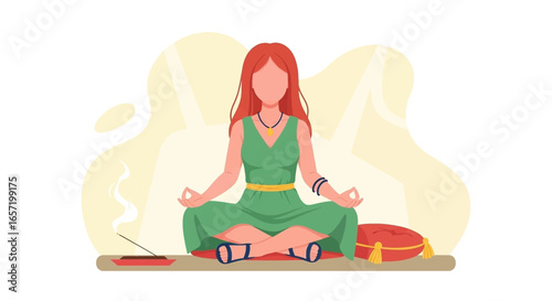 Woman meditating in a peaceful setting with incense, promoting mindfulness, relaxation, and spiritual well-being. Ideal for health and lifestyle concepts.