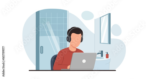 Person working remotely on laptop with headphones, illustrating flexible work arrangements, online communication, and modern productivity from home.