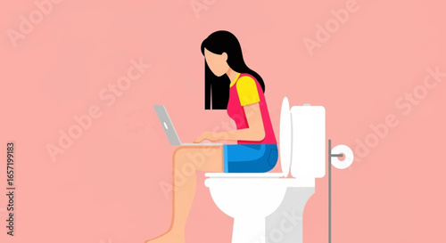 Woman working on a laptop while sitting on a toilet, illustrating modern remote work habits, multitasking, or balancing personal life and productivity. Ideal for lifestyle and business concepts.