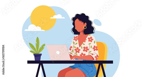 A woman productively works on her laptop outdoors, embracing remote work and digital lifestyle. Ideal for themes of freedom, productivity, and modern business.