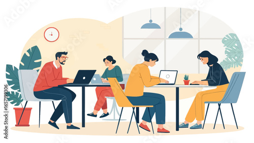 Diverse team collaborating productively on laptops in a modern, bright office or coworking space. Ideal for business, technology, and teamwork concepts.