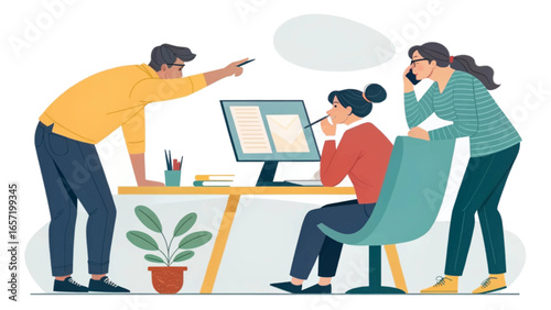Professional team collaborating in a modern office, engaged in discussion and problem-solving. Ideal for business, communication, and workplace concepts.