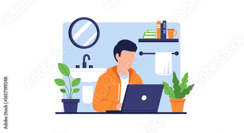 Person working remotely on a laptop in a unique home bathroom setting, blending modern lifestyle with professional productivity.