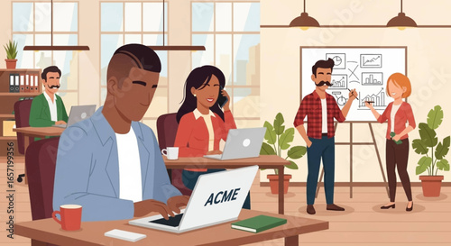 Diverse professionals collaborate and work productively in a modern, open-plan office, representing teamwork and business success.