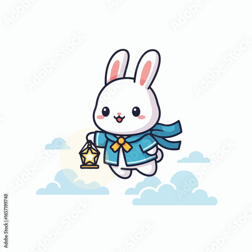 Adorable white bunny in blue sailor coat holding star lantern floating among clouds in sky