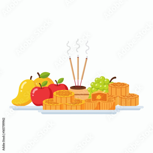 Variety of fruits patterned mooncakes and burning incense sticks on white plates