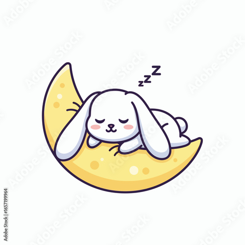 White bunny with pink cheeks sleeps on a yellow crescent moon zzz floating above
