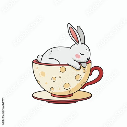 White rabbit sleeping curled in a yellow teacup with red trim and polka dots on a white background