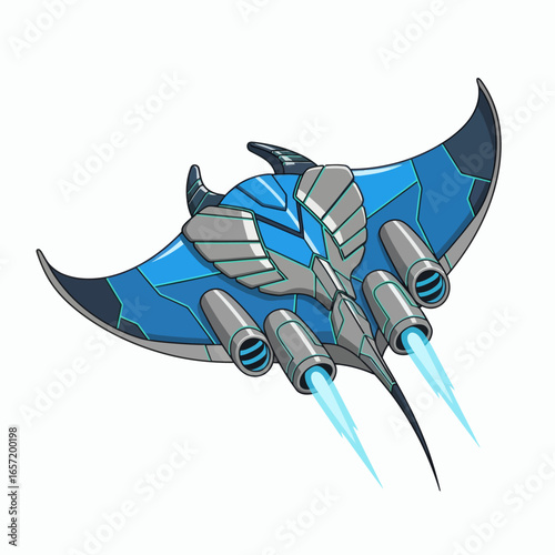Stylized blue and grey manta rayshaped spacecraft with four illuminated engines emitting blue thrust