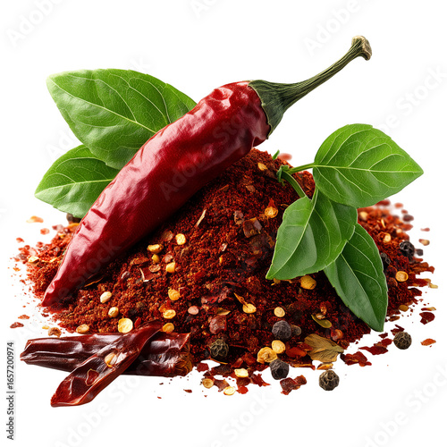 Wallpaper Mural Red chili pepper powder flakes with basil leaves and peppercorns still life isolated on transparent background, png Torontodigital.ca