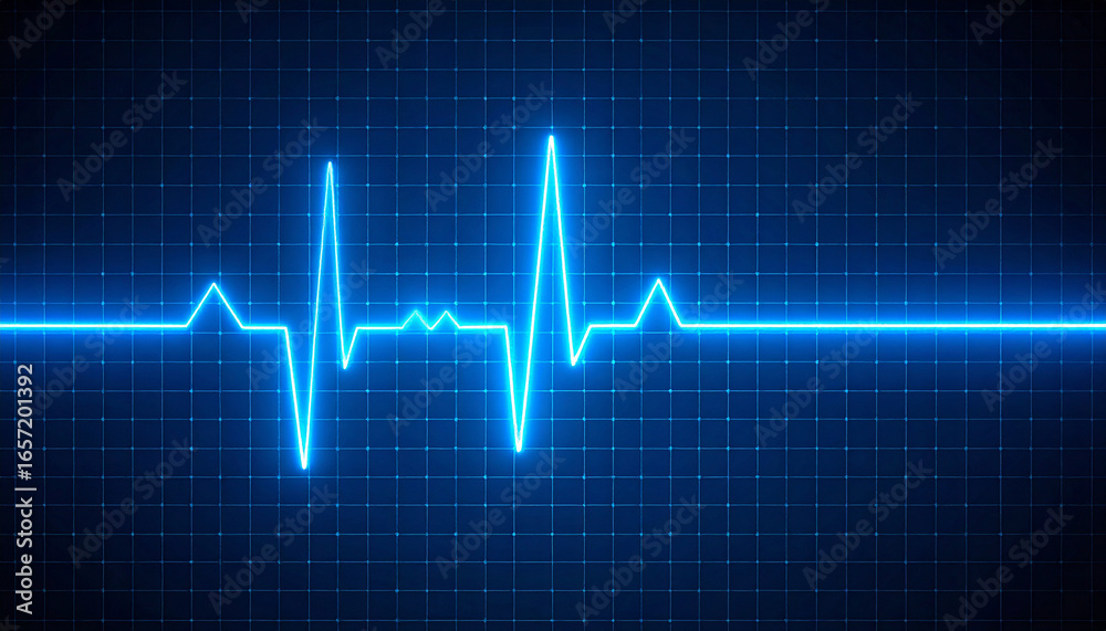 Naklejka premium Rhythmic Pulse of Life: A vibrant blue electrocardiogram line dances across a grid, embodying life's dynamic rhythm, symbolizing health, vitality, and the constant ebb and flow of existence.