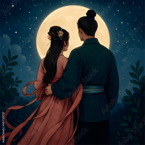 Couple Embracing Under Full Moon Night