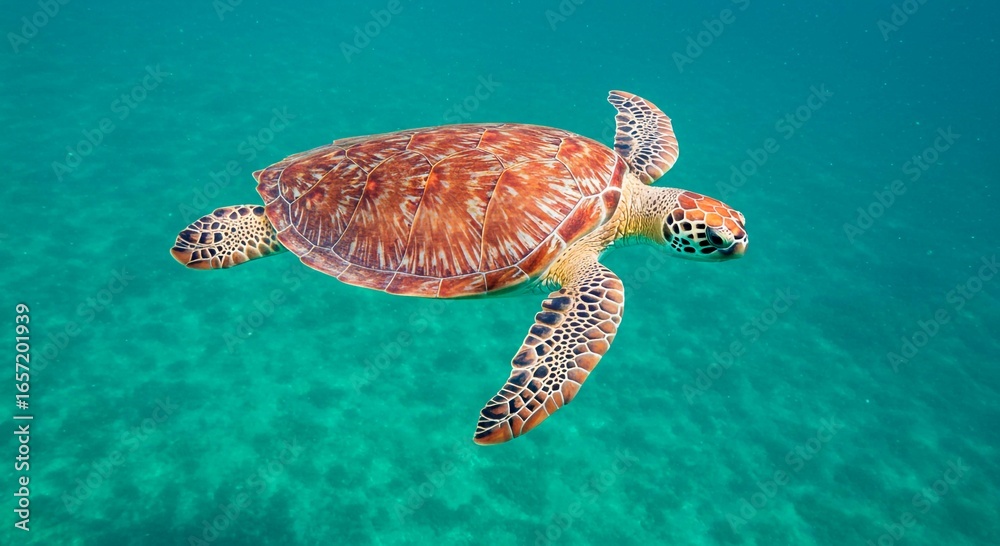 Fototapeta premium A sea turtle swimming gracefully in the turquoise ocean with sunlight reflecting on its shell surface