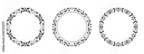 Round ornate border set. Floral loop decorative edge. Elegant outline circular frame. Vintage contour lace ring. Ornamental detailed wreath shape. Retro filigree vignette. Copy space symmetric emblem