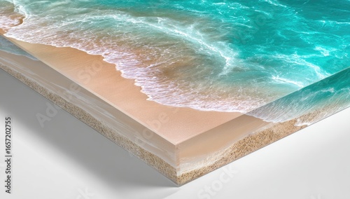 Vibrant ocean waves crashing on a sandy shore, displayed on a thick acrylic block