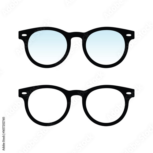 Round Black Eyeglass Frames Modern Minimalist Vector Illustration, Two Styles, Transparent and Opaque Lenses.