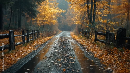 A rainy autumn day on a scenic road through a forest with colorful foliage and wooden fences.