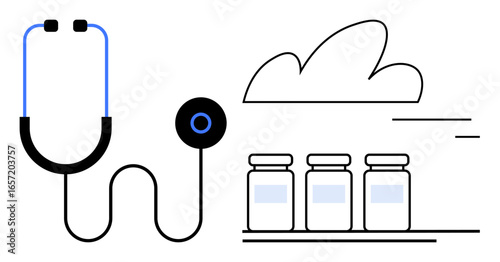 Stethoscope connected to medical supplies emphasizes healthcare, innovation, and digital transformations. Ideal for telemedicine, vaccination campaigns, cloud technology, medical resources