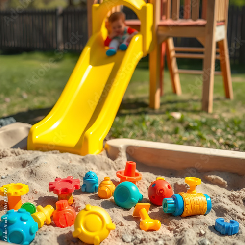 Wallpaper Mural A slide invites children's happy explorations as brightly colored toys are strewn over a sunny sandbox in this entertaining outdoor picture. Torontodigital.ca
