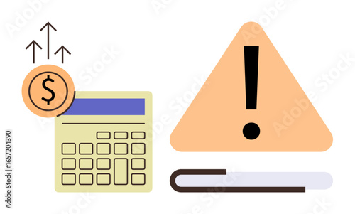 Calculator, currency coin with upward arrows, triangular warning sign, and document underline risks and financial caution. Ideal for accounting, investment, planning, expenses, budgeting and risk