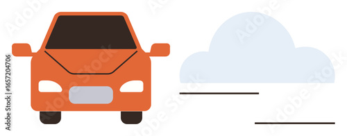 Orange car traveling against a light blue cloud. Ideal for transportation, travel, autonomy, eco-tech, mobility, logistics, environmental themes. Minimalist flat design as a simple flat metaphor