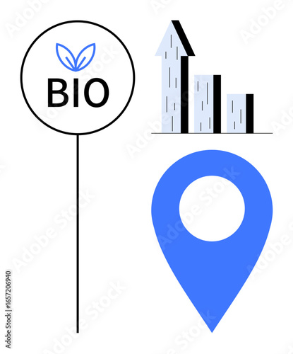 Bio label with leaf icon, growing bar chart, and blue map pin. Ideal for sustainability, growth metrics, eco-business, location-based services, analytics, environmental progress simple landing page