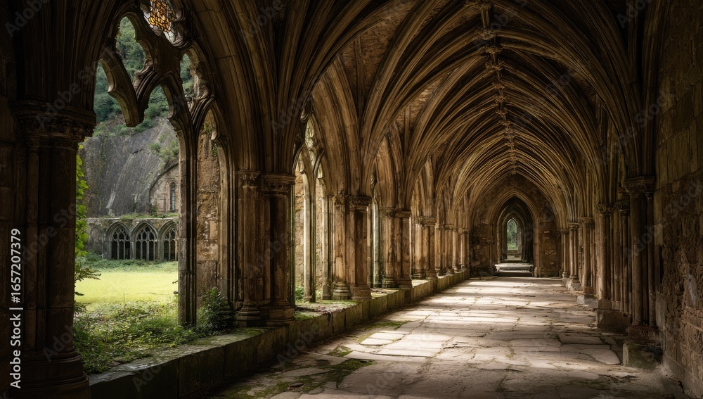 Sunlit stone cloister, Gothic arches, ancient ruins, overgrown courtyard Sunlit stone cloister, Gothic arches, ancient ruins, overgrown courtyard