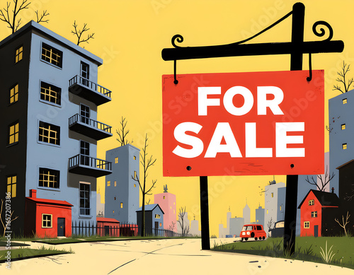 Signboard for sell with house background