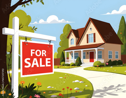 Signboard for sell with house background