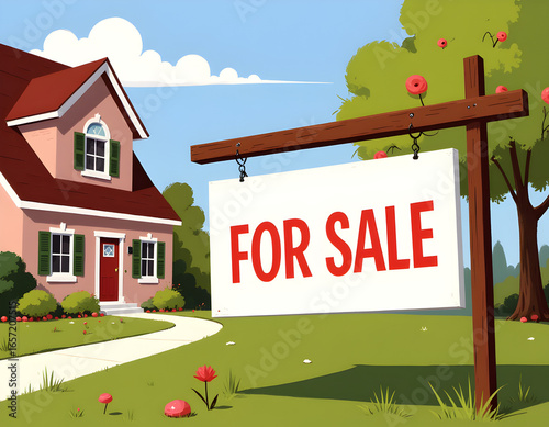 Signboard for sell with house background