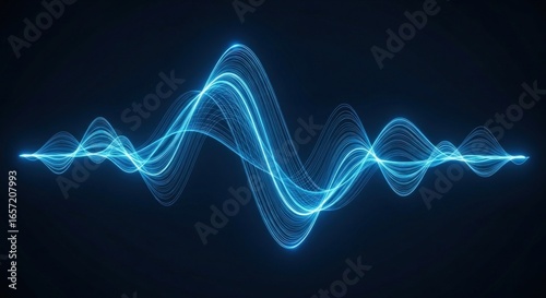 A glowing blue waveform pattern against a dark background showing wave oscillations and light energy