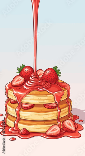 A stack of pancakes topped with strawberries, being drizzled with red syrup.