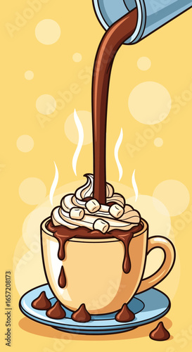 Hot chocolate with marshmallows being poured into a mug.
