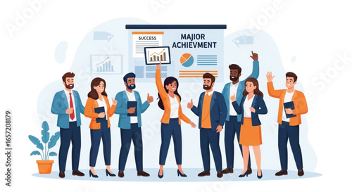 Diverse team celebrating major achievement with presentation board
