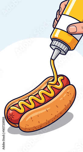 A hand adds yellow mustard to a delicious hot dog in a bun.
