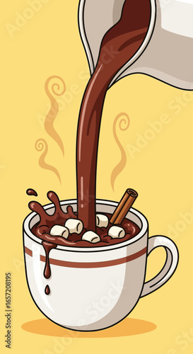 Hot chocolate being poured into a mug with marshmallows and a cinnamon stick.