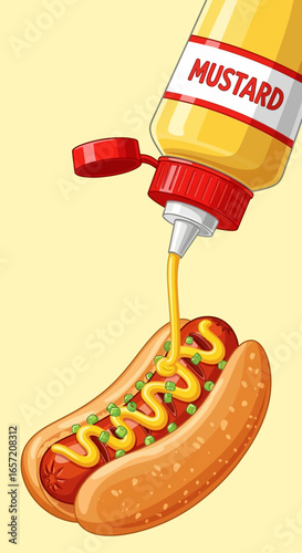 Mustard pouring onto a delicious hot dog, ready to eat.