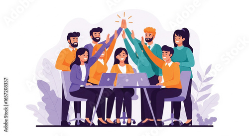 Diverse team celebrating success in a modern office environment