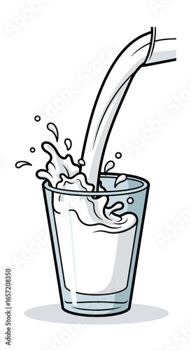 Illustration showing milk being poured from a spout into a clear glass, creating a splash.