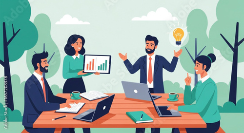 Business meeting outdoors with people discussing strategy and growth