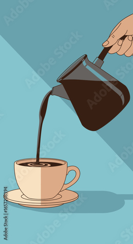 Hand pouring dark coffee from a cezve into a cup on a saucer, against a blue background.