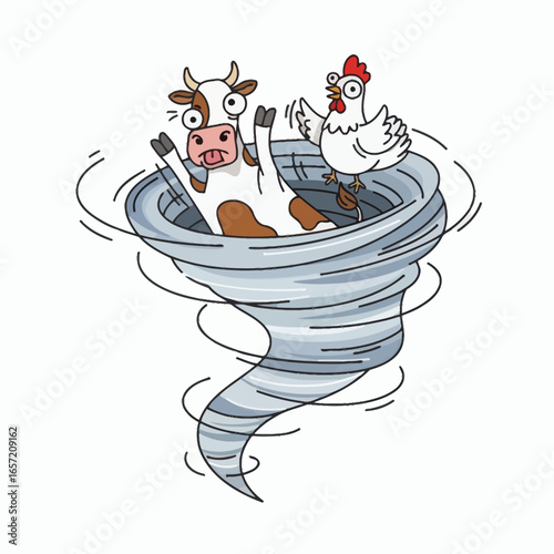 Cartoon cow and chicken caught in a grey tornado with wide eyes and open mouths on a white background